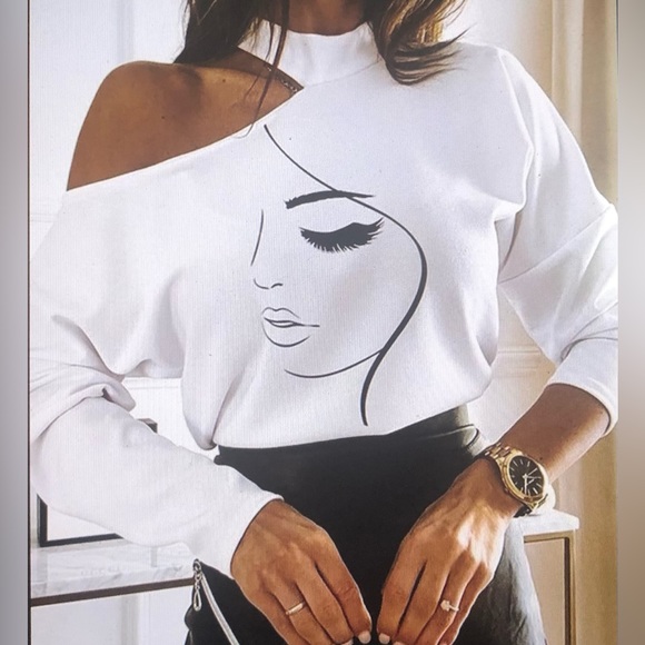 Tops - Abstract Figure Print Cold Shoulder Top